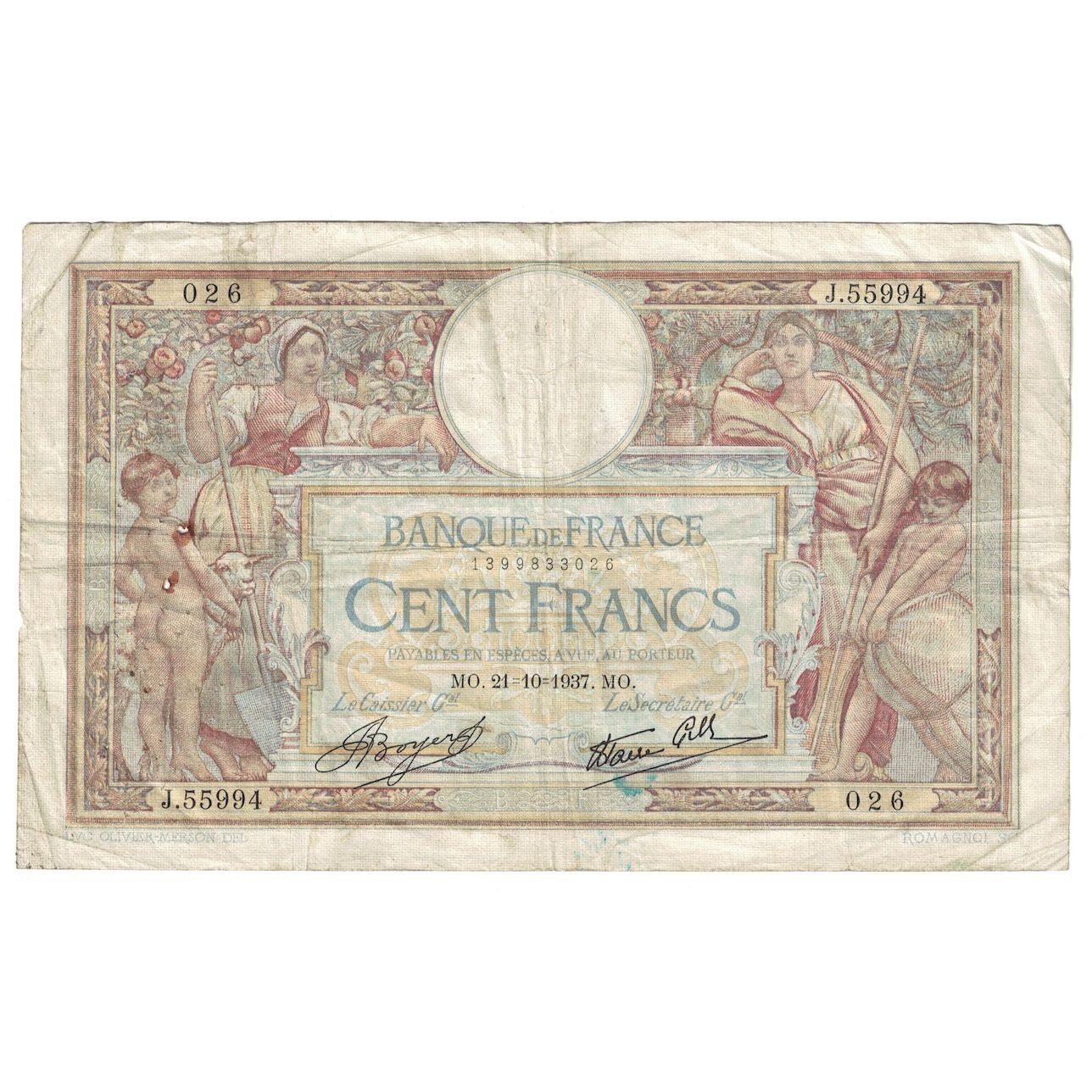 Francia, 100 Francs, Luc Olivier Merson, 1937, 1937-10-21, B+, KM:86a