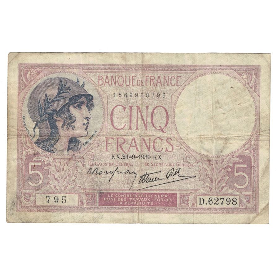 France, 5 Francs, Violet, 1939, 1939-09-21, B+, Fayette:04.09, KM:83