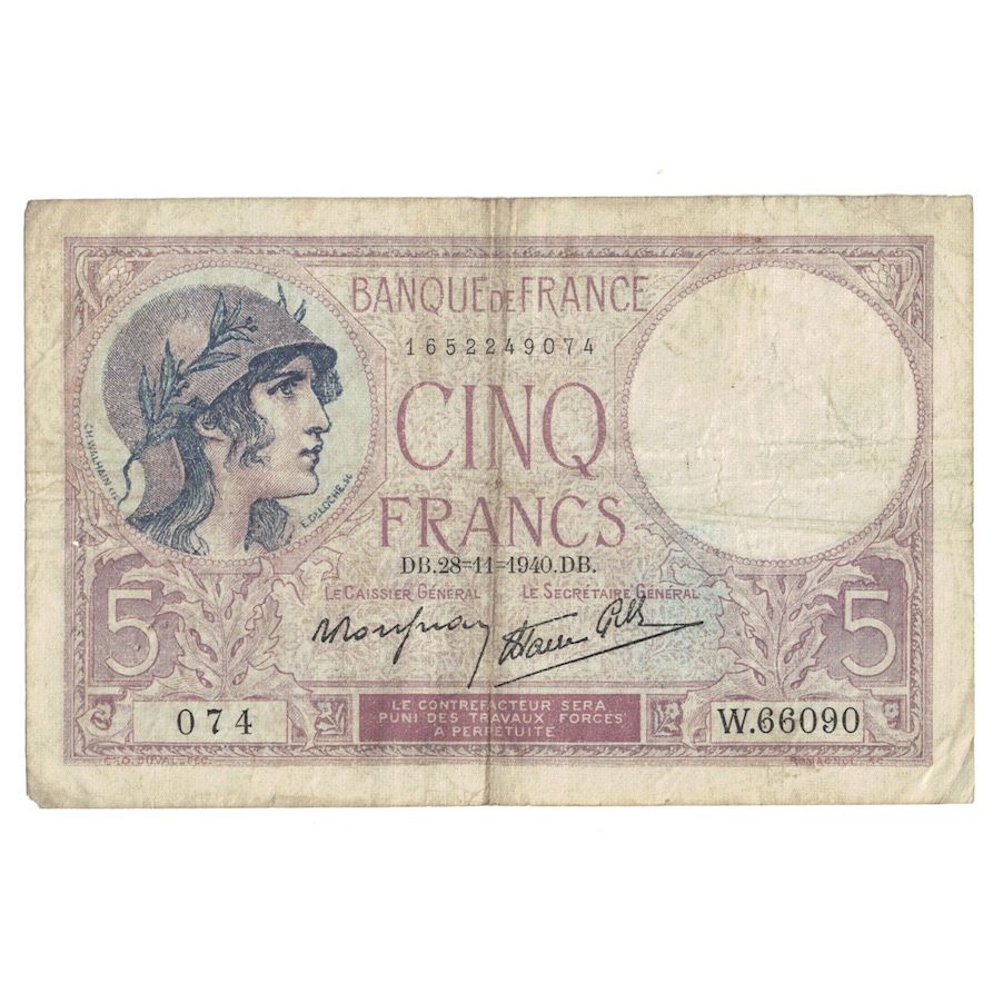 Francia, 5 Francs, Violet, 1940, 1940-11-28, B+, Fayette:4.15, KM:83