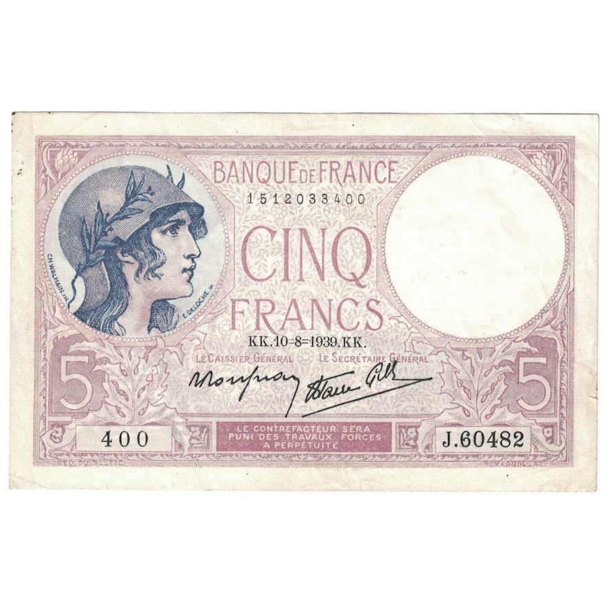 França, 5 Francs, Violet, 1939, 1939-08-10, AU(50-53), Fayette:4.5, KM:83