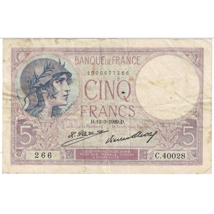 Francia, 5 Francs, Violet, 1929, 1929-03-12, B+, Fayette:3.13, KM:72d