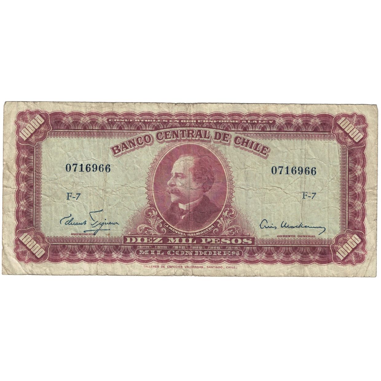 Billete, 10 Escudos on 10,000 Pesos, UNDATED (1960-1961), Chile, KM:132, RC