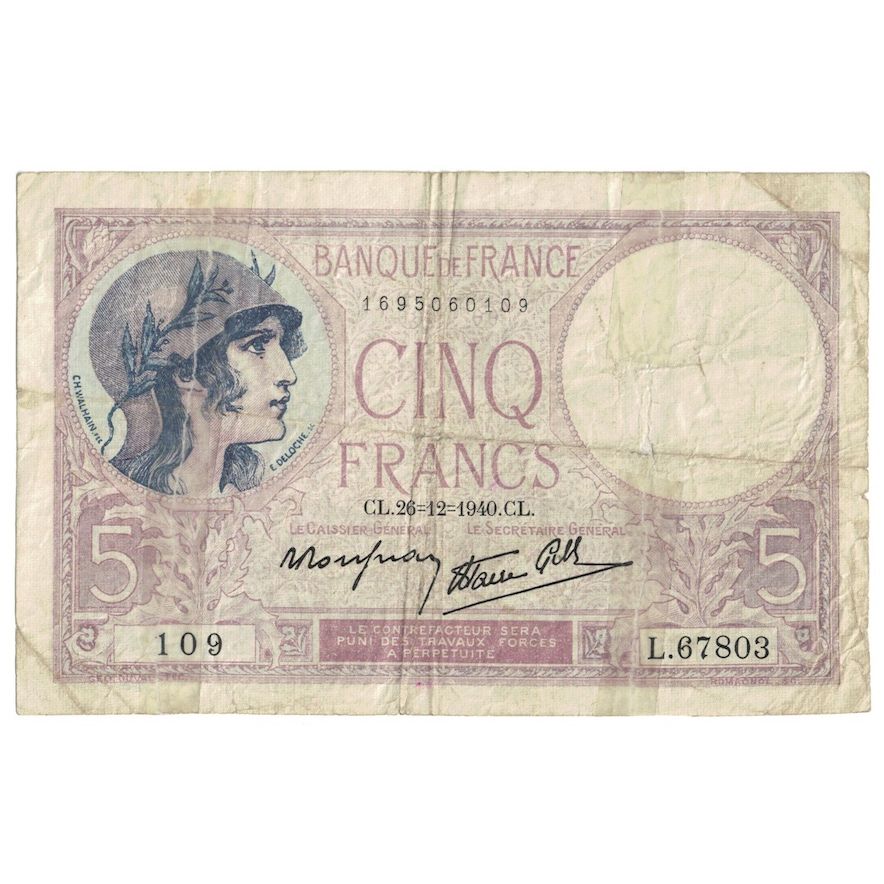 Francia, 5 Francs, Violet, 1940, 1940-12-26, B, Fayette:4.18, KM:83