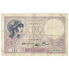 Francia, 5 Francs, Violet, 1940, 1940-12-26, B, Fayette:4.18, KM:83