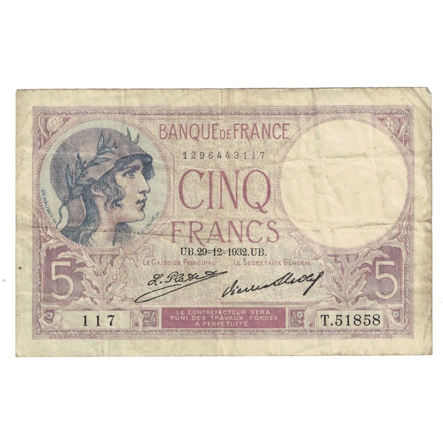 Francia, 5 Francs, Violet, 1932, 1932-12-29, B+, Fayette:3.16, KM:72d