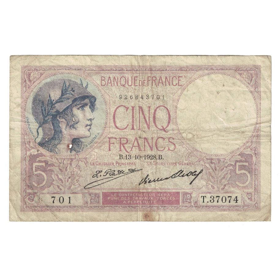 Frankreich, 5 Francs, Violet, 1928, 1928-10-13, SGE+, Fayette:3.12, KM:72d