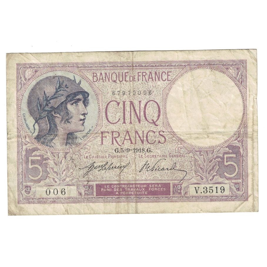 Francia, 5 Francs, Violet, 1918, 1918-09-05, BC, Fayette:3.2, KM:72a