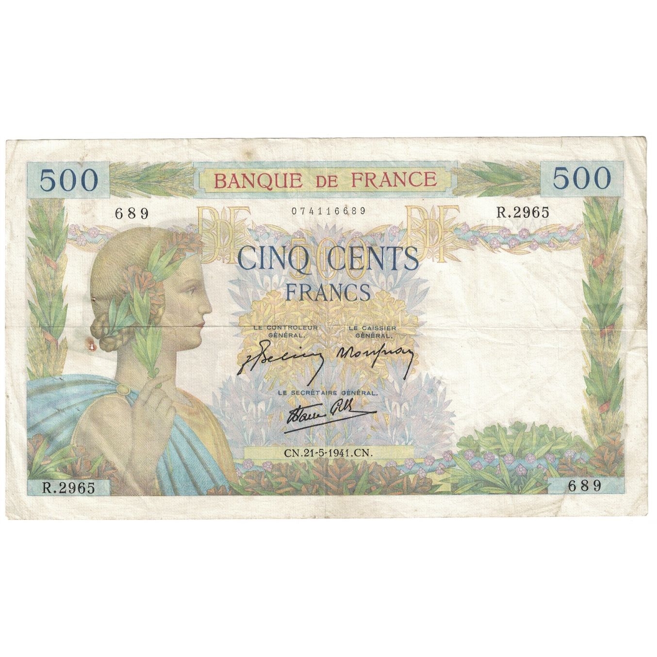 Francia, 500 Francs, La Paix, 1941, 1941-05-21, MB+, Fayette:32.17, KM:95b