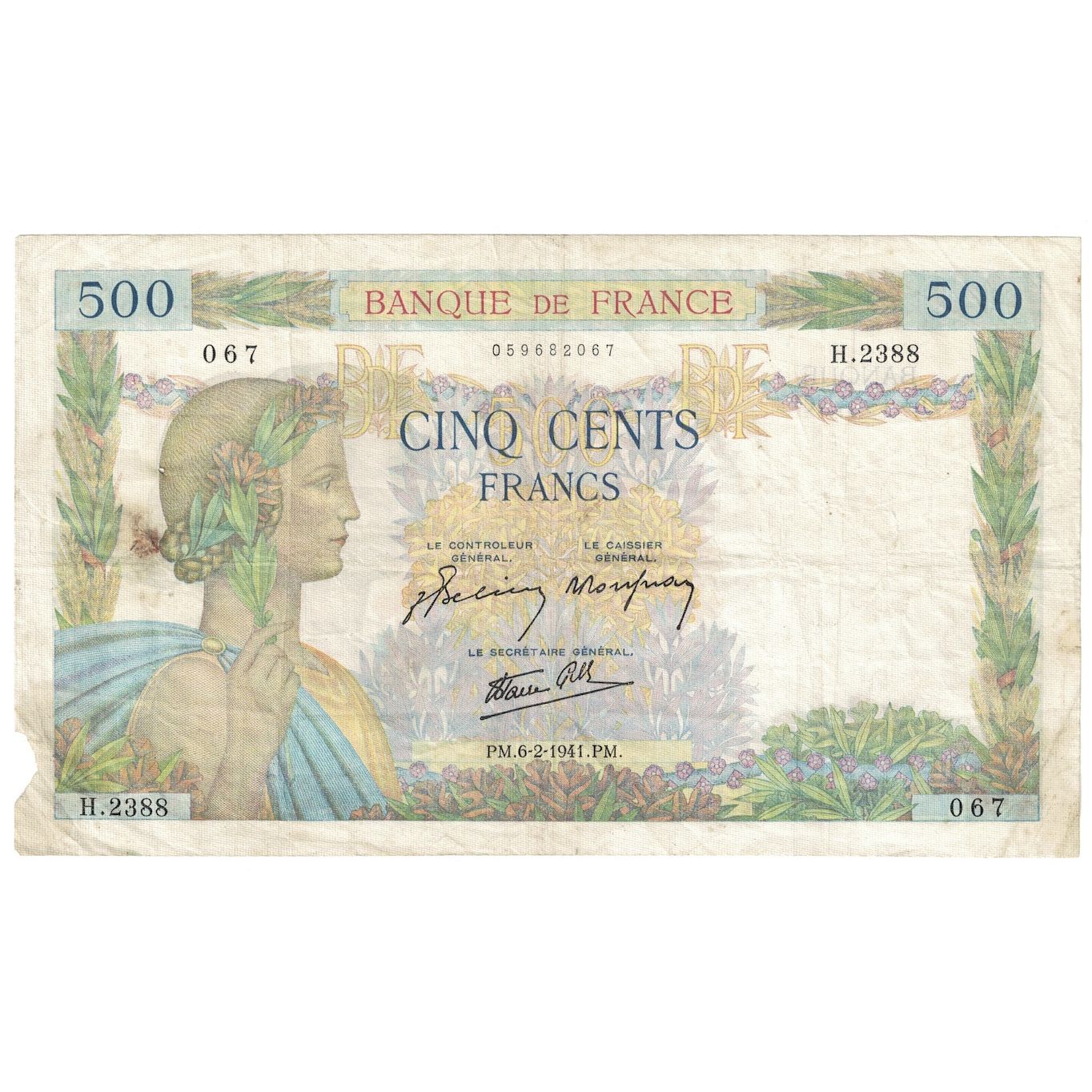 Frankreich, 500 Francs, La Paix, 1941, 1941-02-06, S+, Fayette:32.14, KM:95b