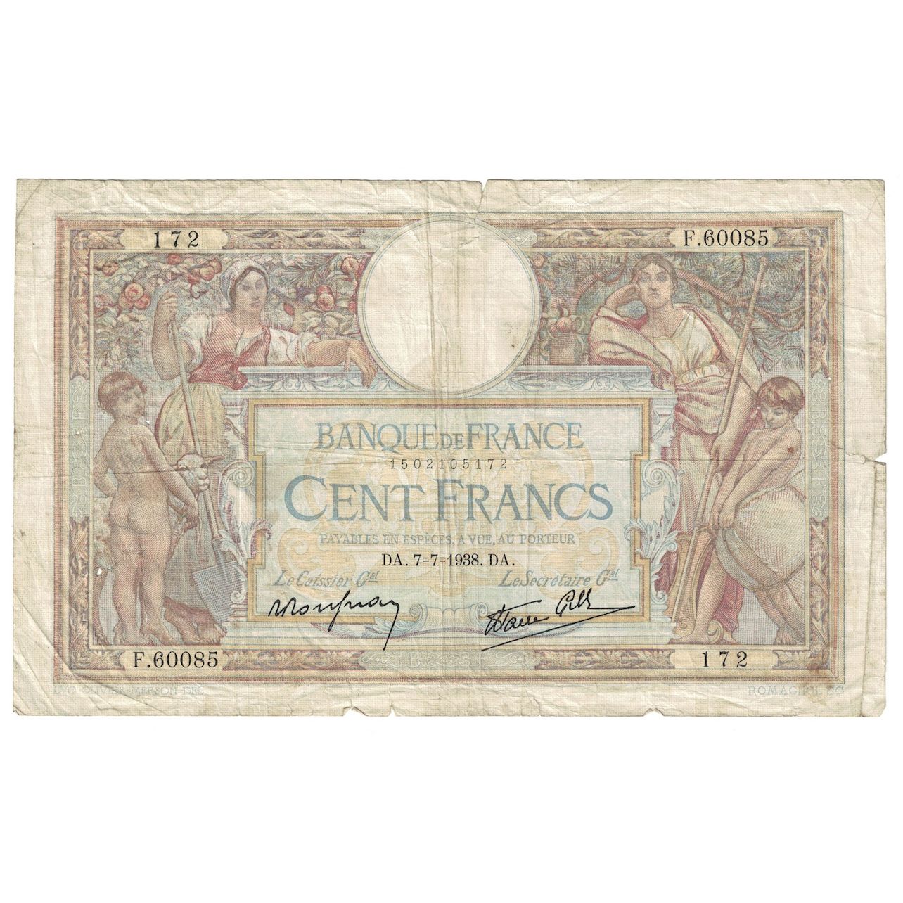 França, 100 Francs, Luc Olivier Merson, 1938, 1938-07-07, F(12-15)