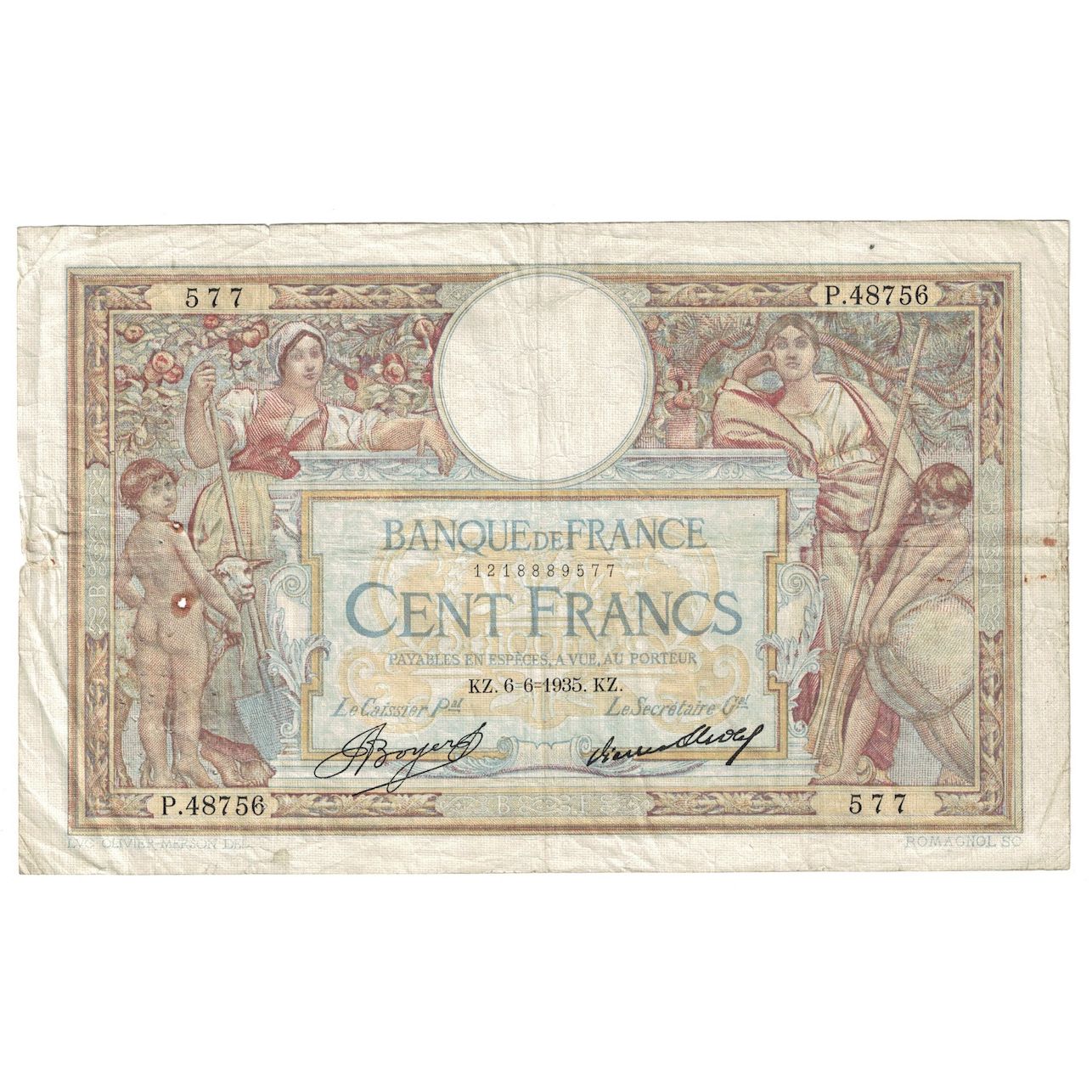 Frankrijk, 100 Francs, Luc Olivier Merson, 1935, 1935-06-06, B+, Fayette:24.14