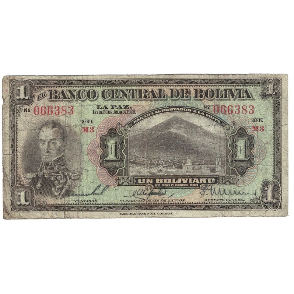 Banconote, Bolivia, 1 Boliviano, L.1928, KM:118a, D+