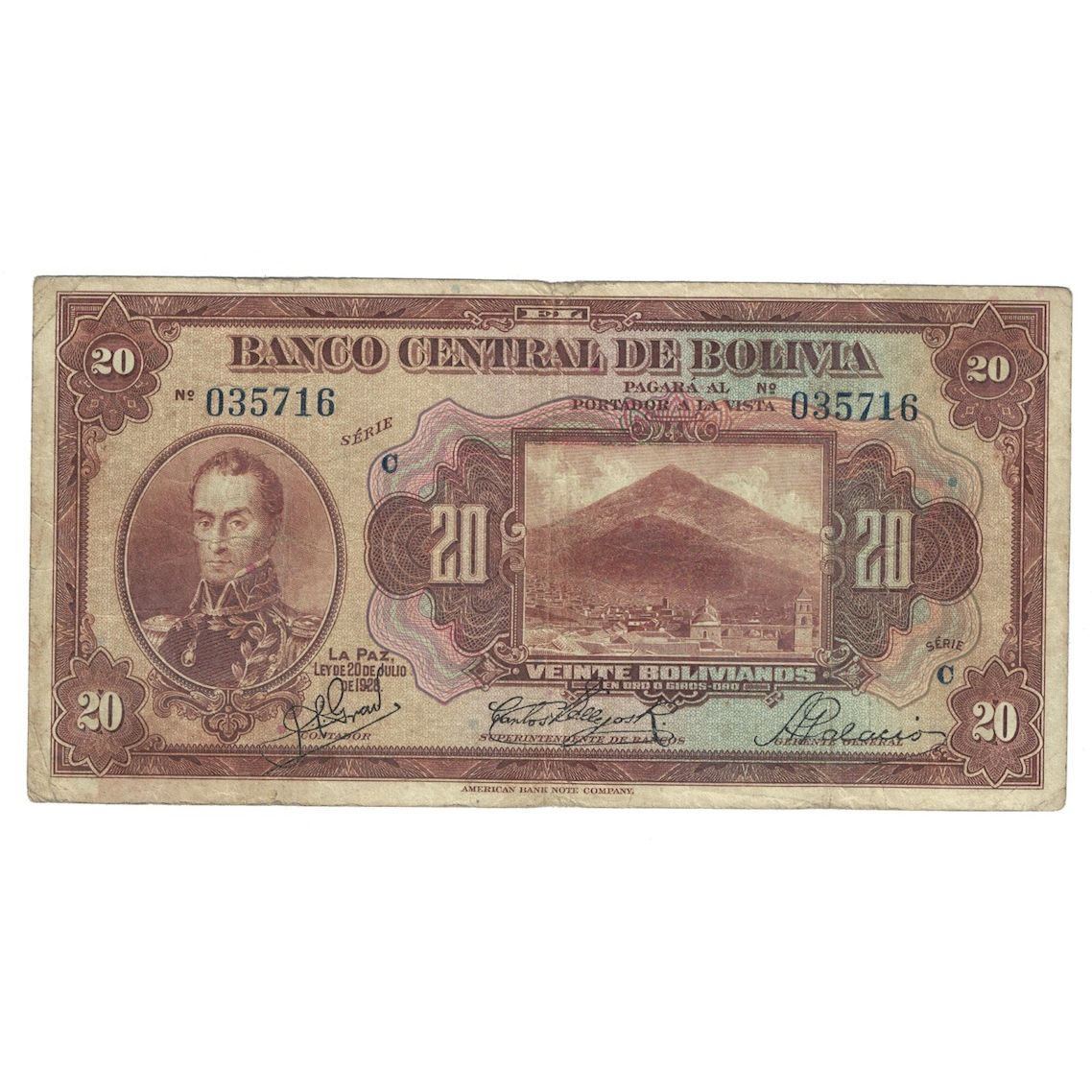 Geldschein, Bolivien, 20 Bolivianos, L.1928, 1928-07-20, KM:122a, SGE