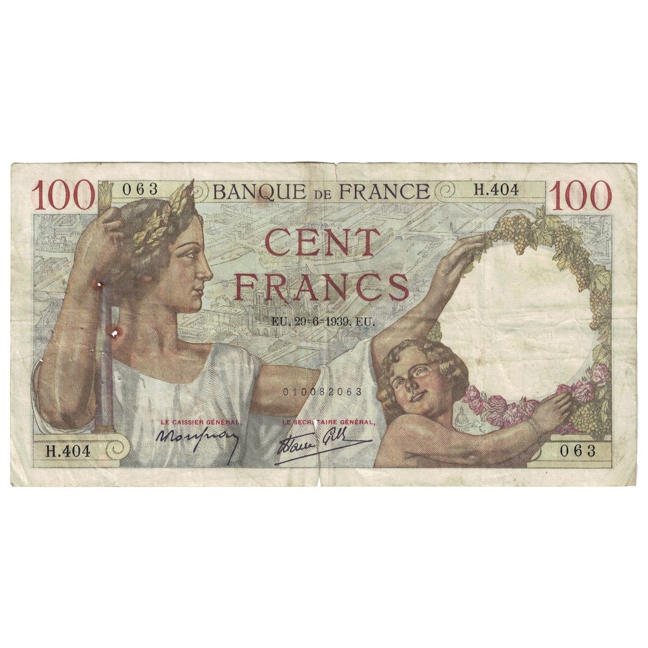 França, 100 Francs, Sully, 1939, 1939-06-29, VF(20-25), Fayette:26.04, KM:94
