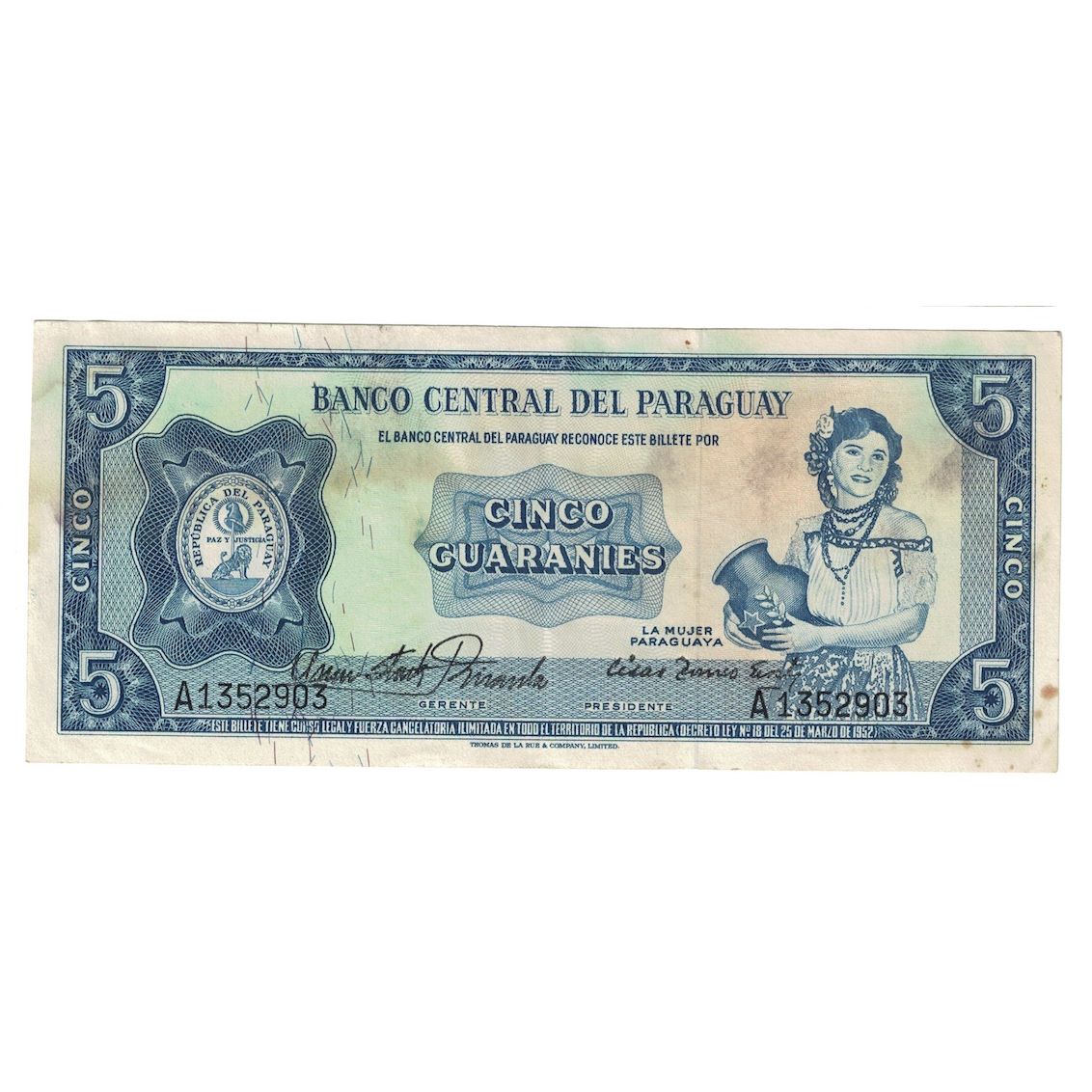 Geldschein, Paraguay, 5 Guaranies, ND(08/1963- ), KM:194, S+
