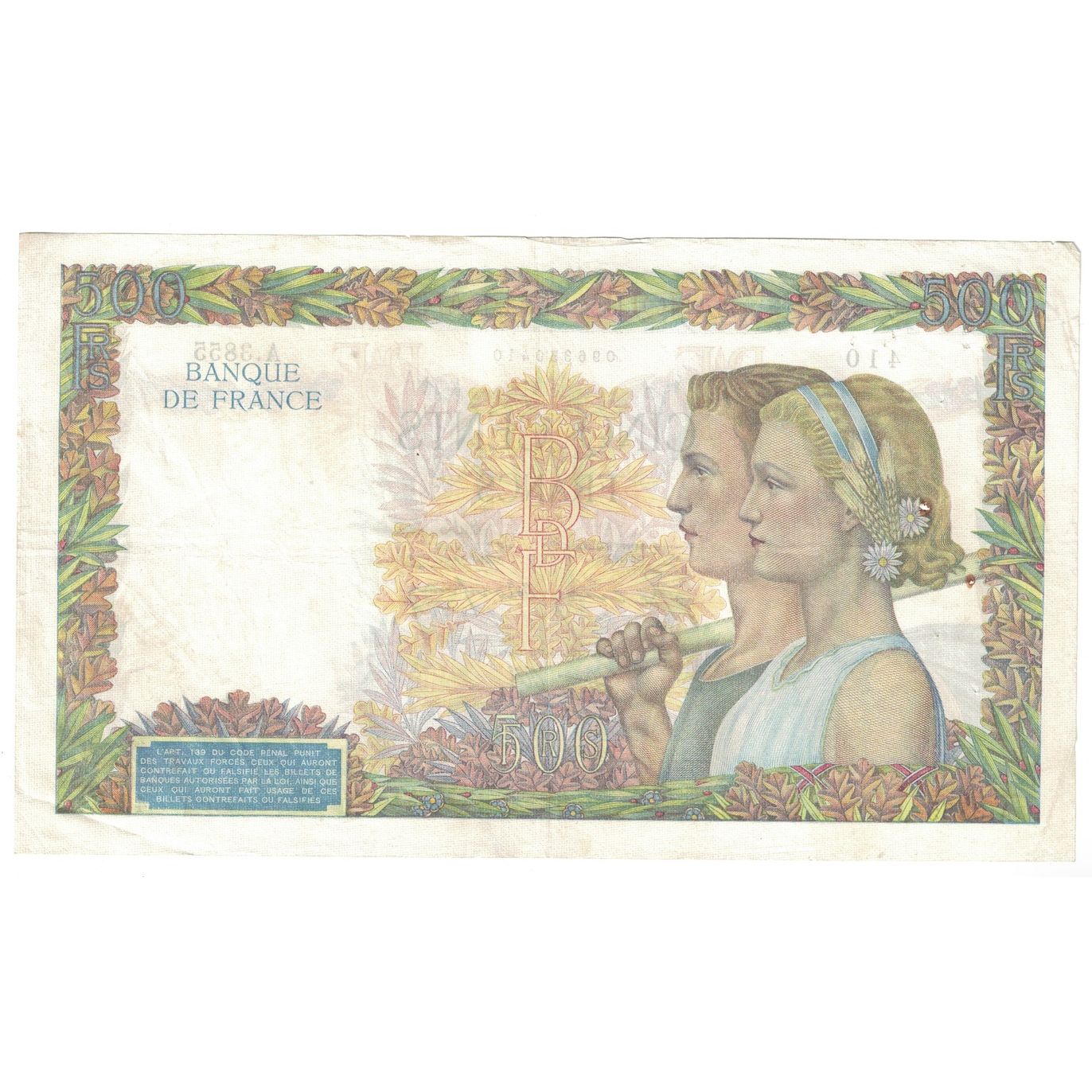 France, 500 Francs, La Paix, 1941, 1941-10-30, TB+, Fayette:32.23, KM:95b