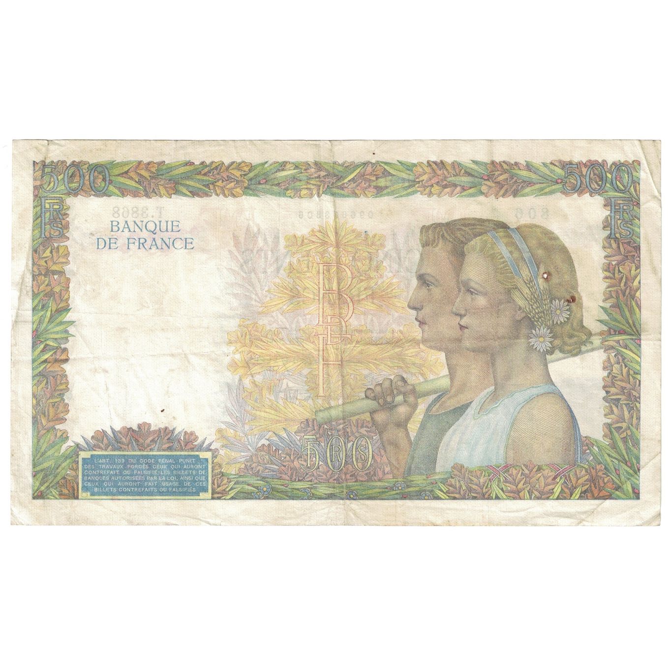 France, 500 Francs, La Paix, 1941, 1941-10-30, VF(30-35), Fayette:32.23, KM:95b