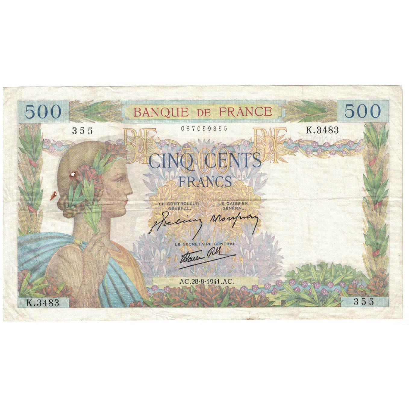 Frankreich, 500 Francs, La Paix, 1941, 1941-08-28, S+, Fayette:32.21, KM:95b