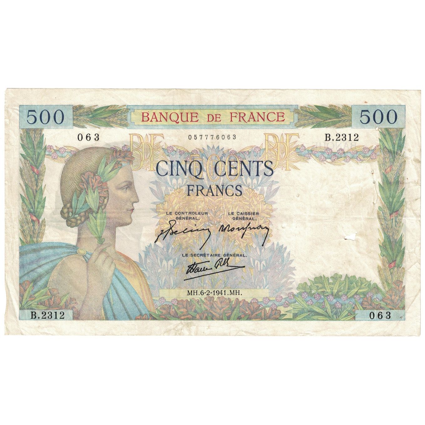 Francia, 500 Francs, La Paix, 1941, 1941-02-06, MB, Fayette:32.14, KM:95b