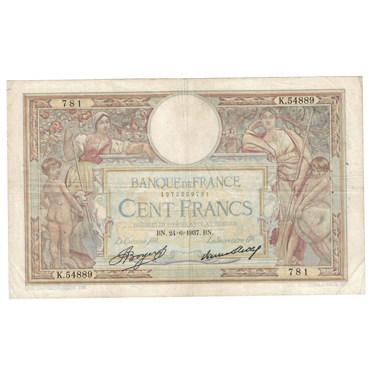 Francia, 100 Francs, Luc Olivier Merson, 1937, 1937-06-24, MB+, KM:78c