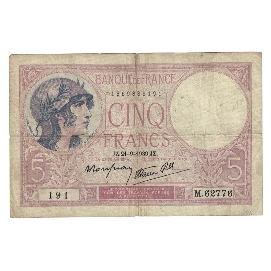 França, 5 Francs, Violet, 1939, 1939-09-21, F(12-15), Fayette:4.9, KM:83