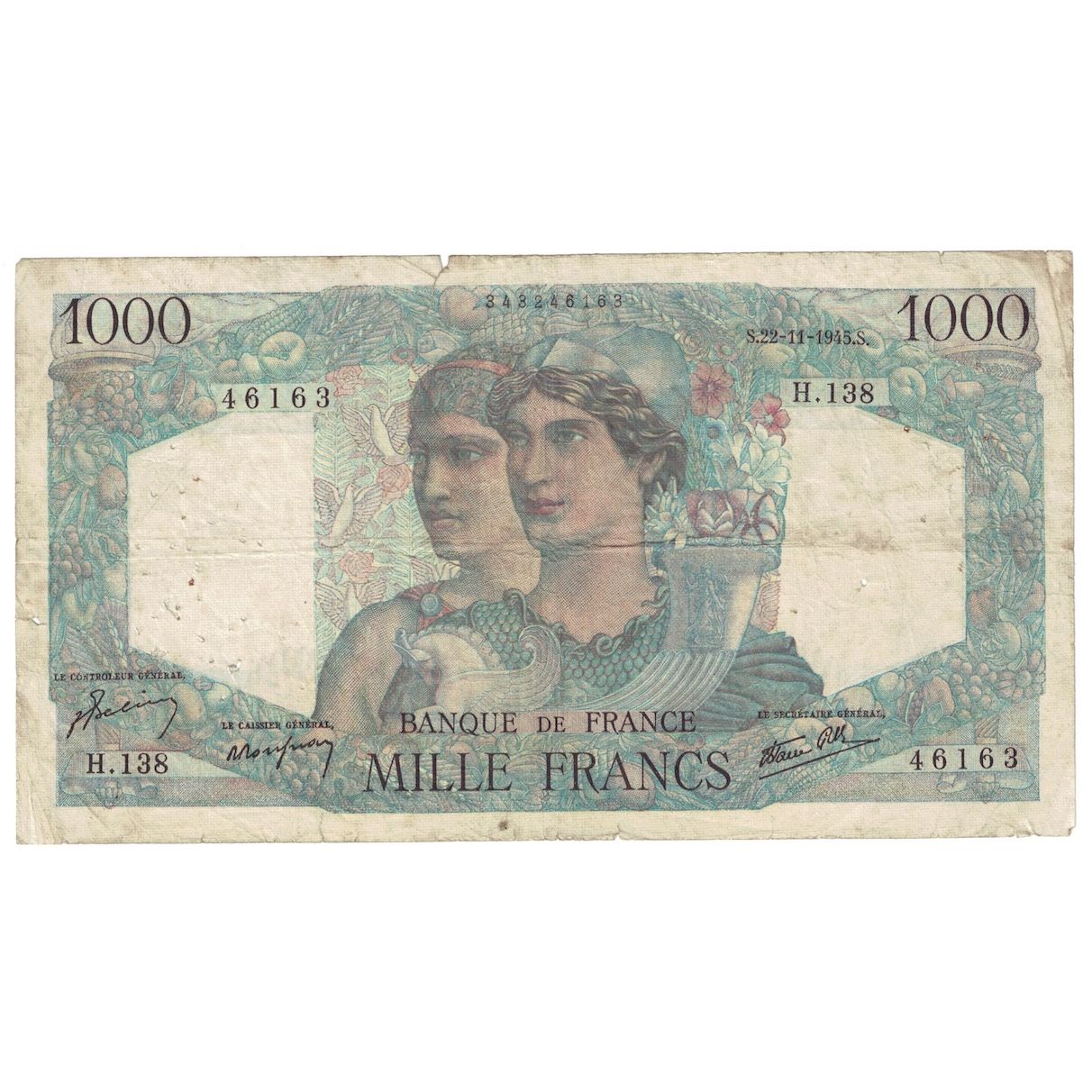 France, 1000 Francs, Minerve et Hercule, 1945, H.138, B, Fayette:41.8, KM:130a
