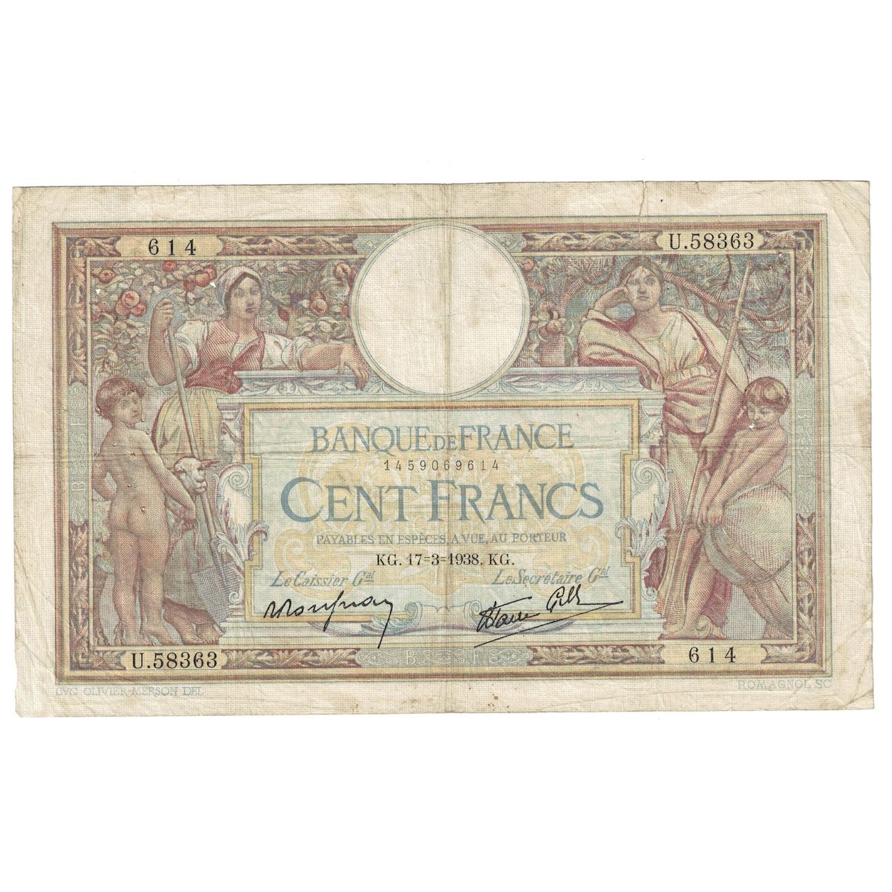 Francia, 100 Francs, Luc Olivier Merson, 1938, 1938-03-17, MB+, Fayette:25.13