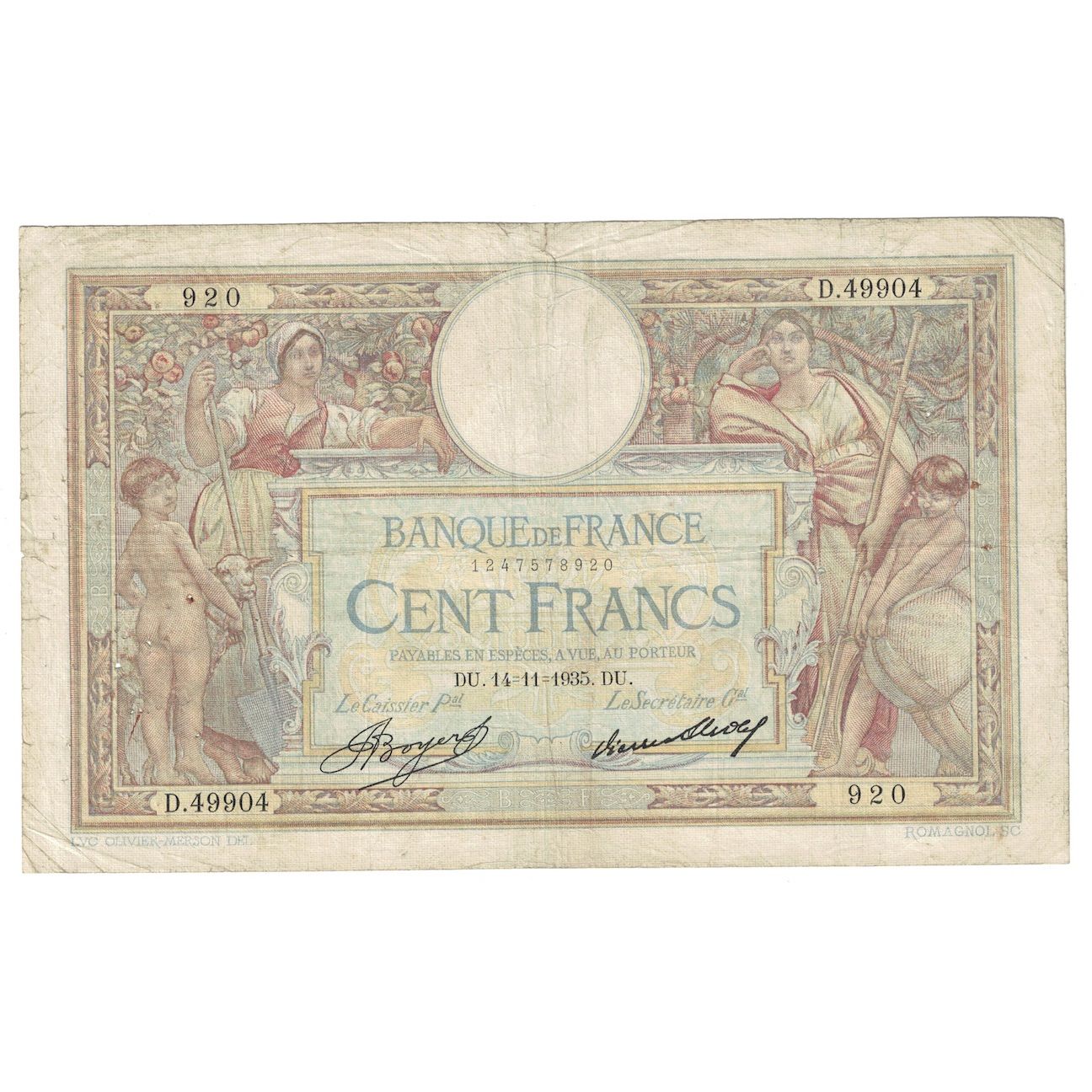 Francia, 100 Francs, Luc Olivier Merson, 1935, 1935-11-14, MB, Fayette:24.14