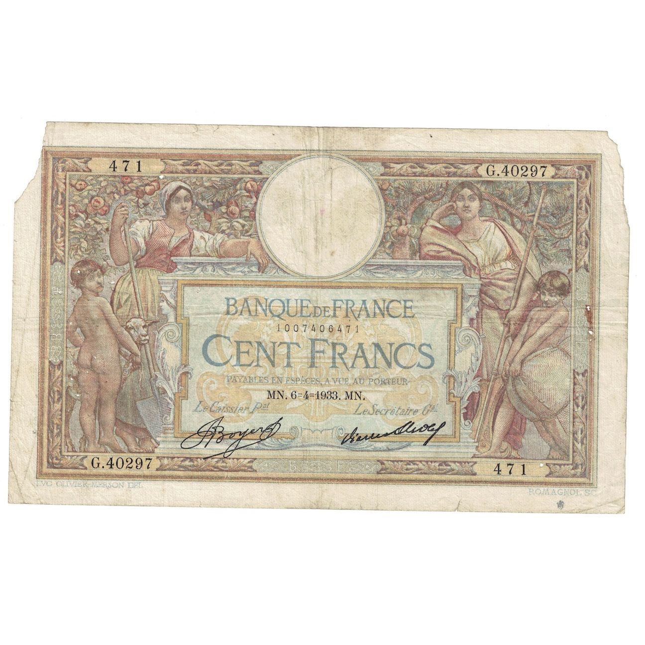France, 100 Francs, Luc Olivier Merson, 1933, 1933-04-06, F(12-15)
