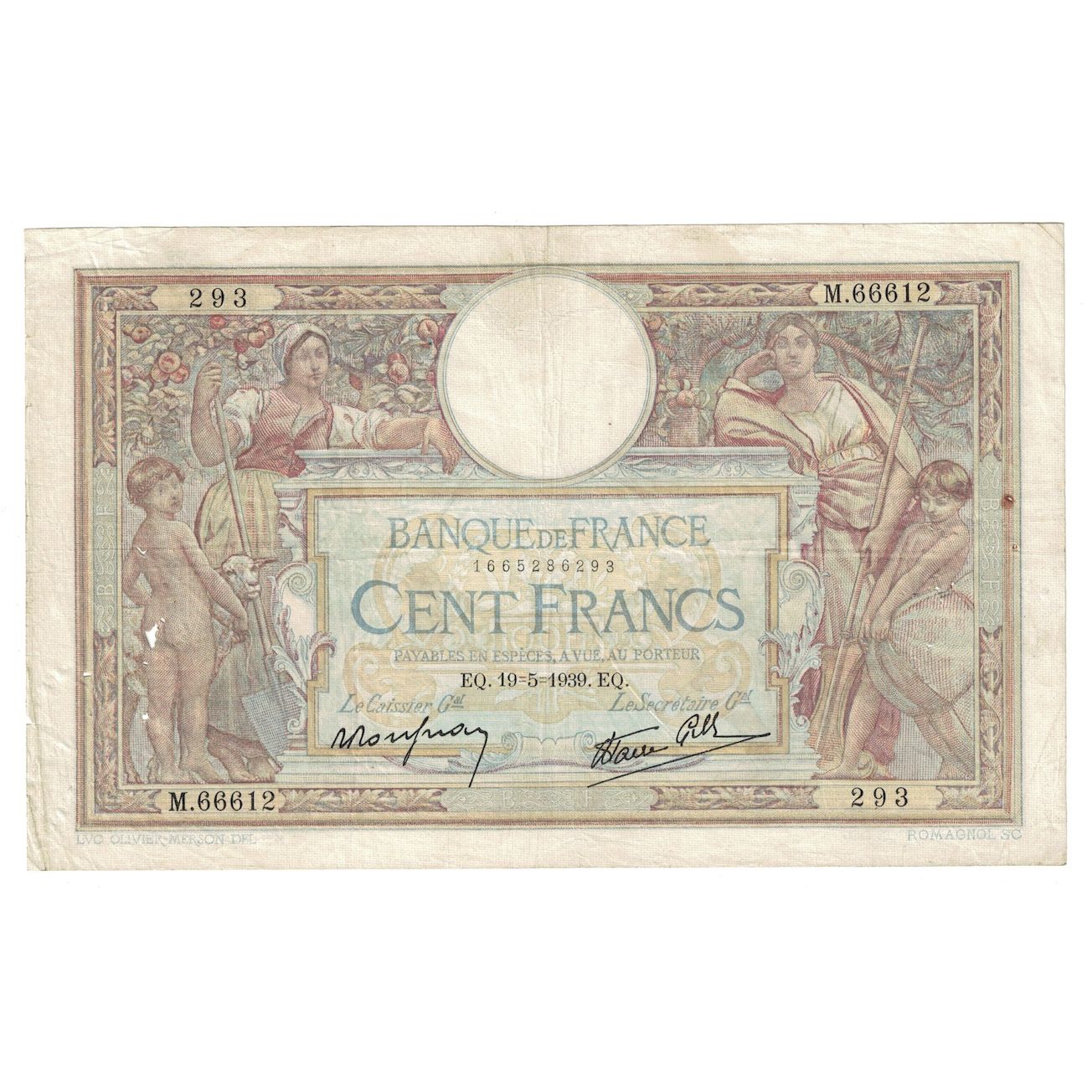 France, 100 Francs, Luc Olivier Merson, 1939, 1939-05-19, TB+, Fayette:25.47