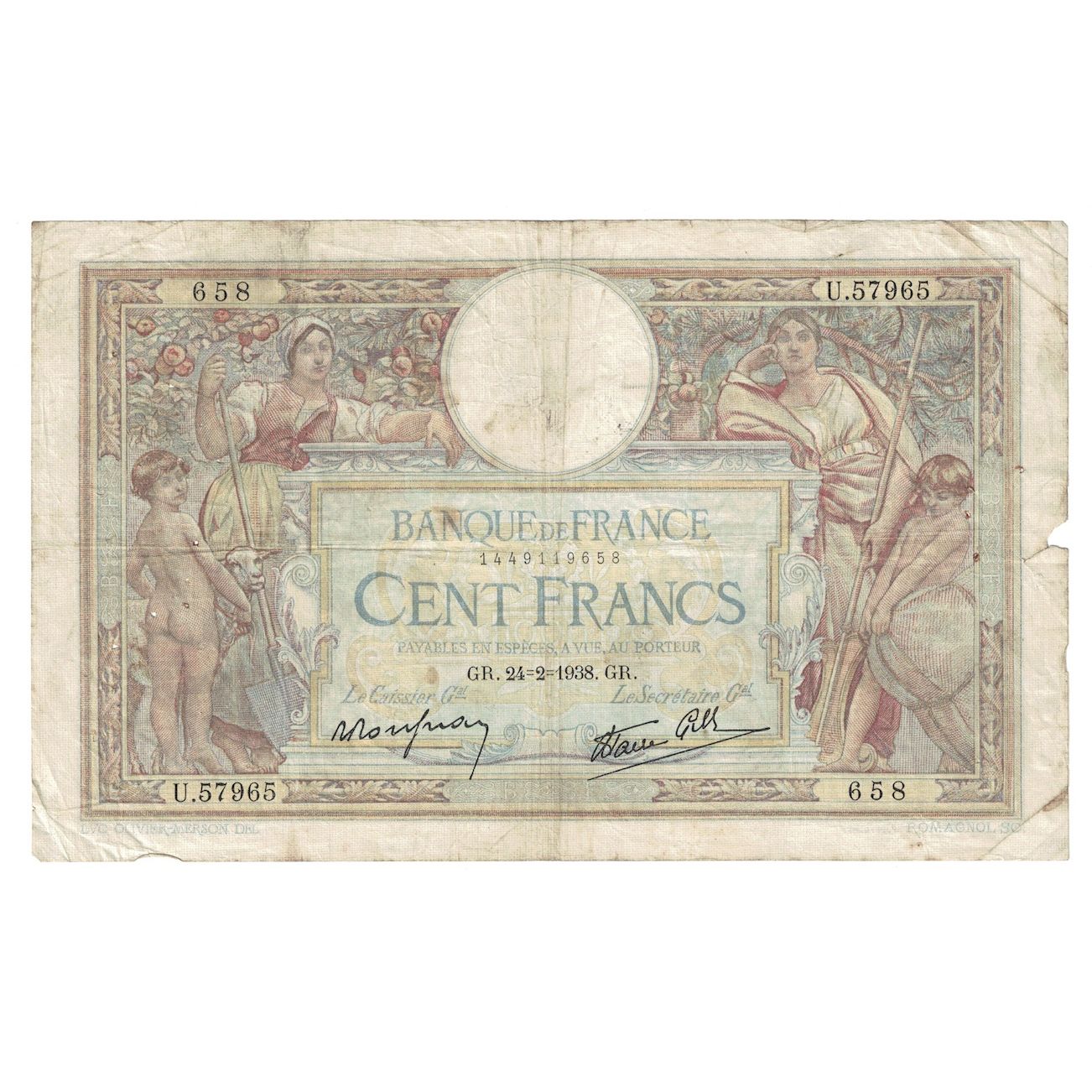 France, 100 Francs, Luc Olivier Merson, 1938, 1938-02-24, B+, Fayette:25.12