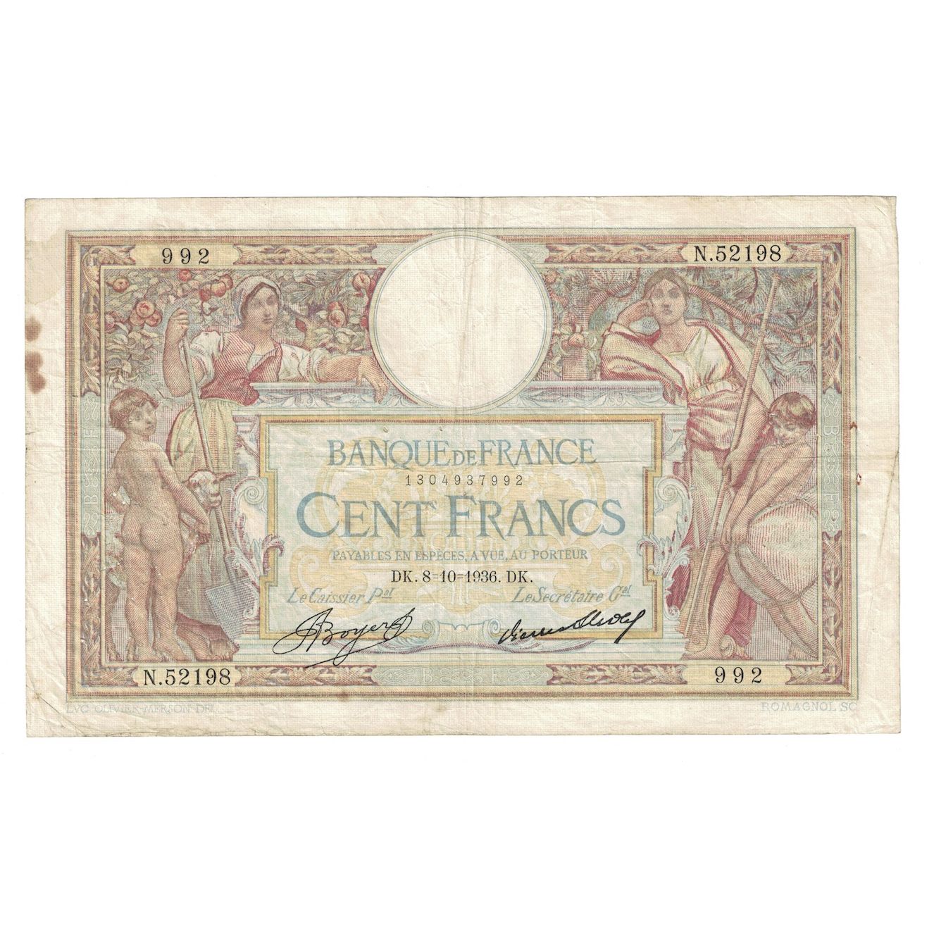 Francia, 100 Francs, Luc Olivier Merson, 1936, 1936-10-08, MB+, Fayette:24.15