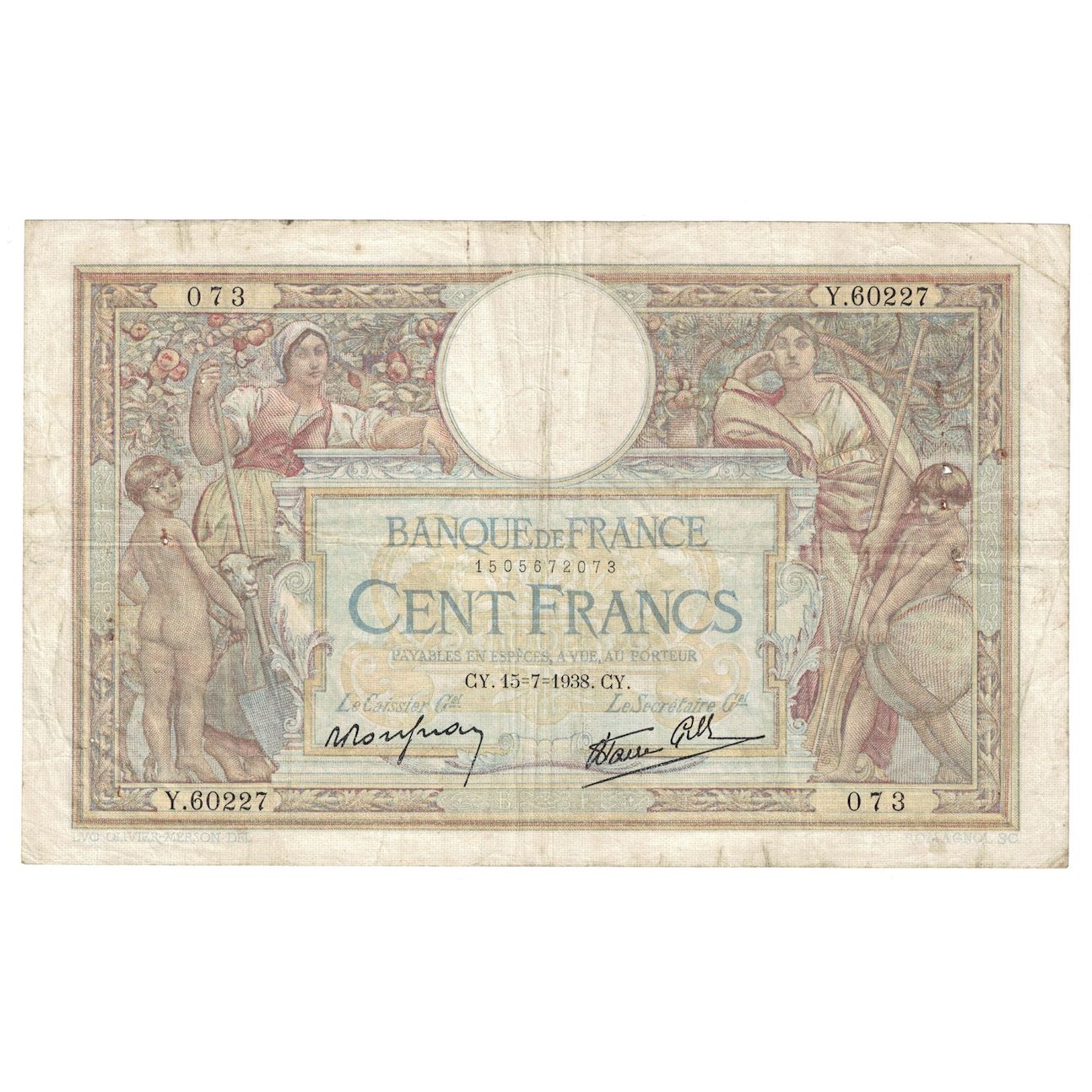 France, 100 Francs, Luc Olivier Merson, 1938, 1938-07-15, TB, KM:86b