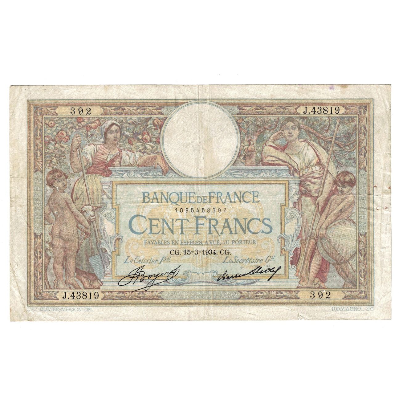 França, 100 Francs, Luc Olivier Merson, 1934, 1934-03-15, VF(20-25)