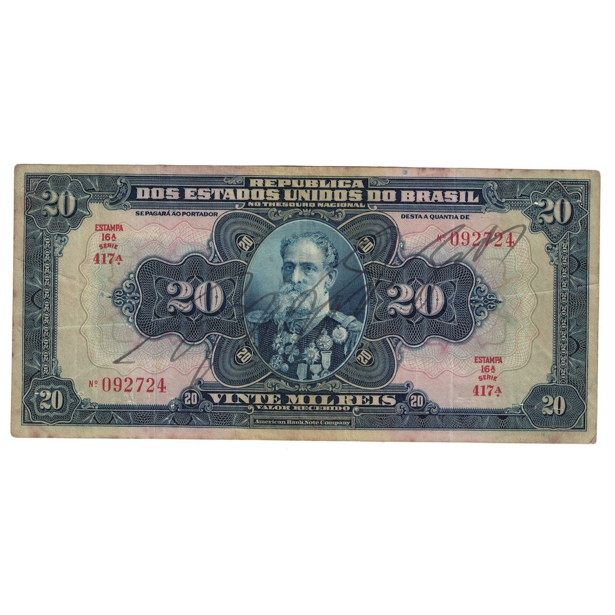 Banknot, Brazylia, 20 Cruzeiros on 20 Mil Reis, Undated (1942), KM:127, F(12-15)