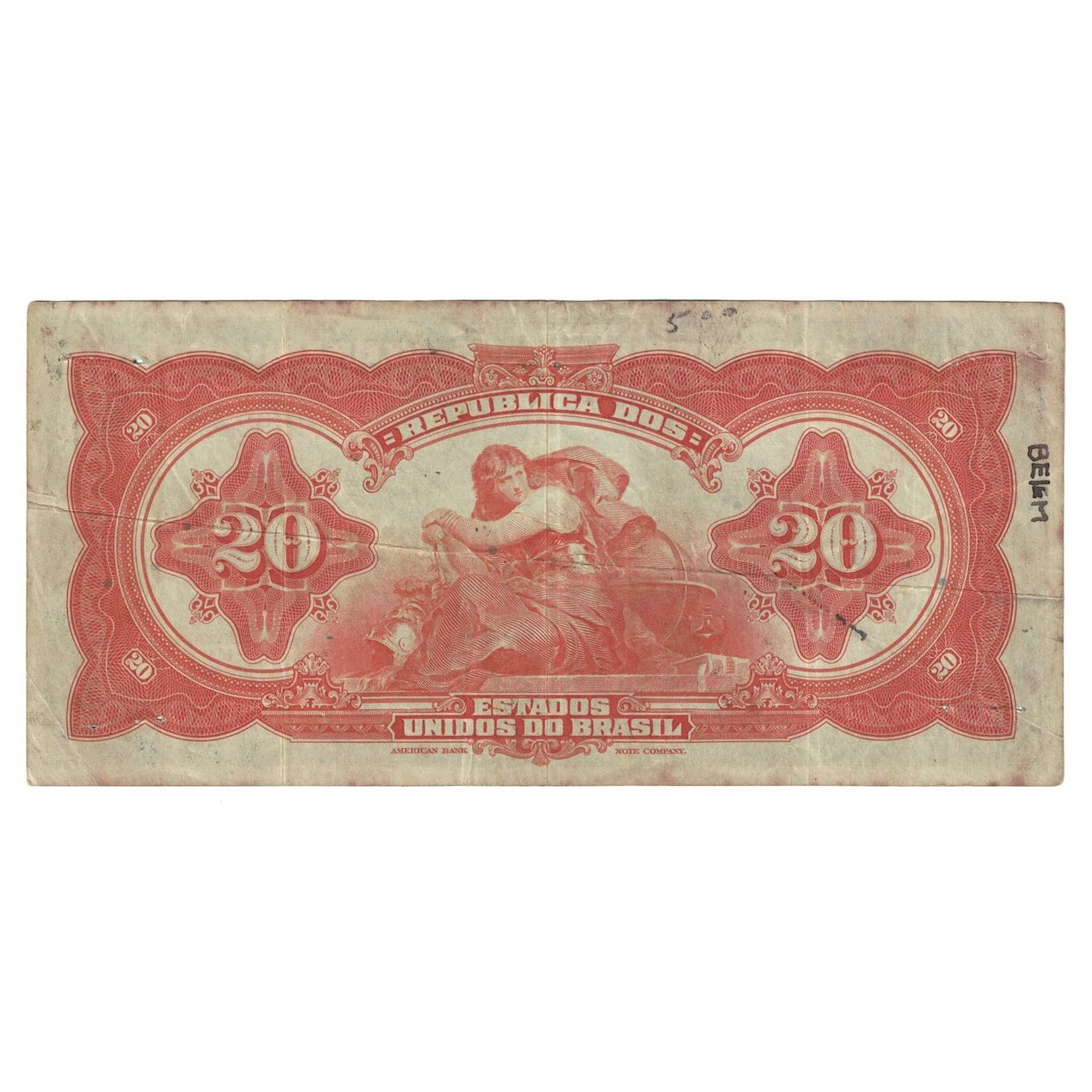 Banknot, Brazylia, 20 Cruzeiros on 20 Mil Reis, Undated (1942), KM:127, F(12-15)