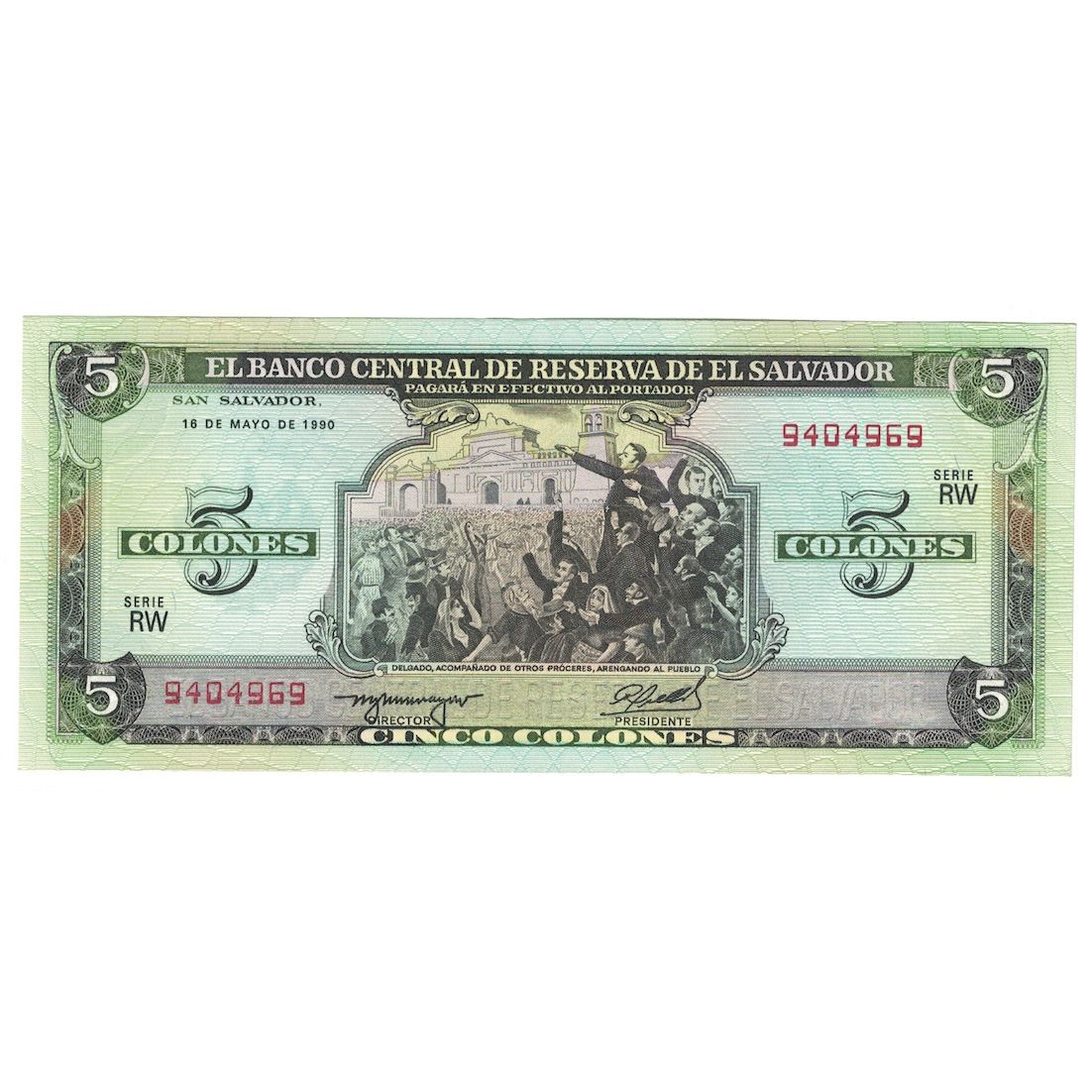 Billete, 5 Colones, 1990, El Salvador, 1990-05-16, KM:138a, SC+