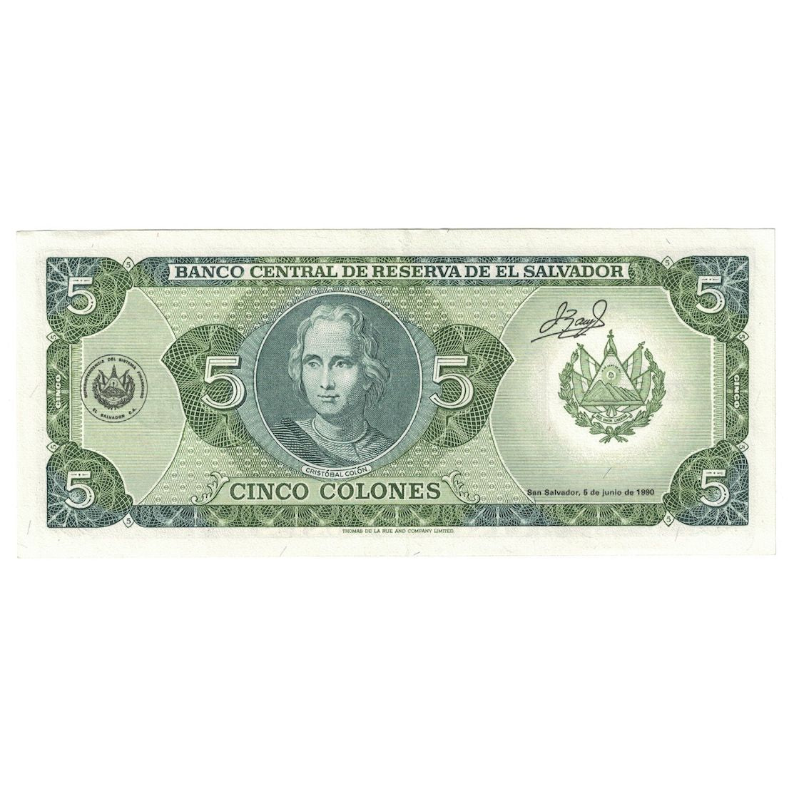 Billete, 5 Colones, 1990, El Salvador, 1990-05-16, KM:138a, SC+