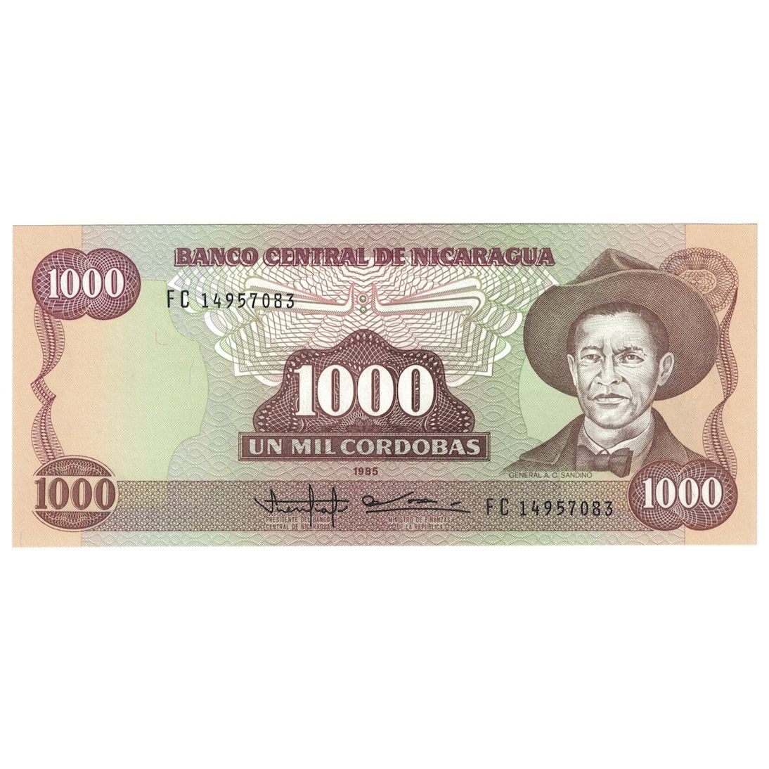Nota, Nicarágua, 1000 Cordobas, 1985, KM:143, UNC(65-70)