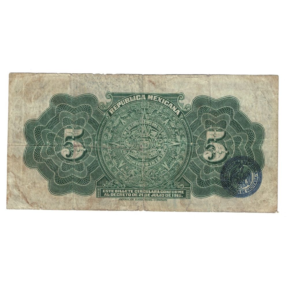 Banconote, Messico - Rivoluzionario, 5 Pesos, D.1915, KM:S685a, B+