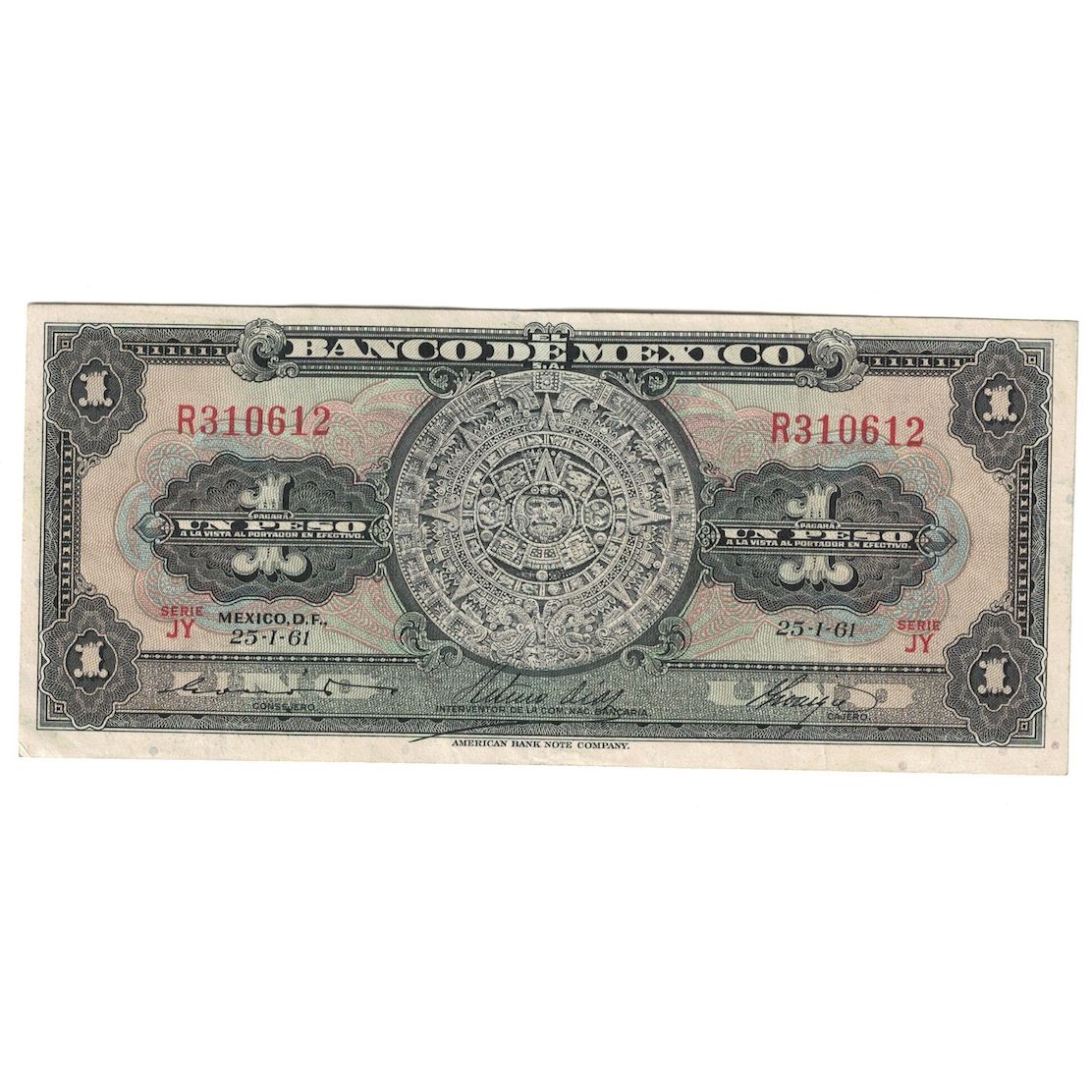Billete, 1 Peso, 1961, México, 1961-01-25, KM:59g, BC+