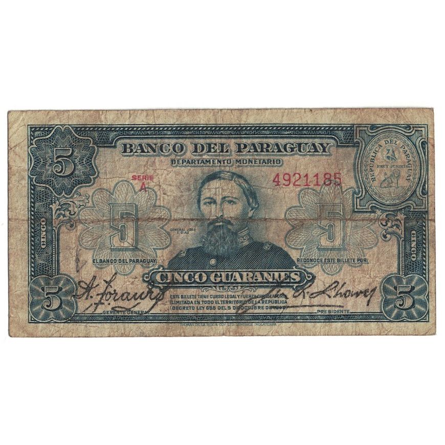 Geldschein, Paraguay, 5 Guaranies, L1952, KM:186a, SGE