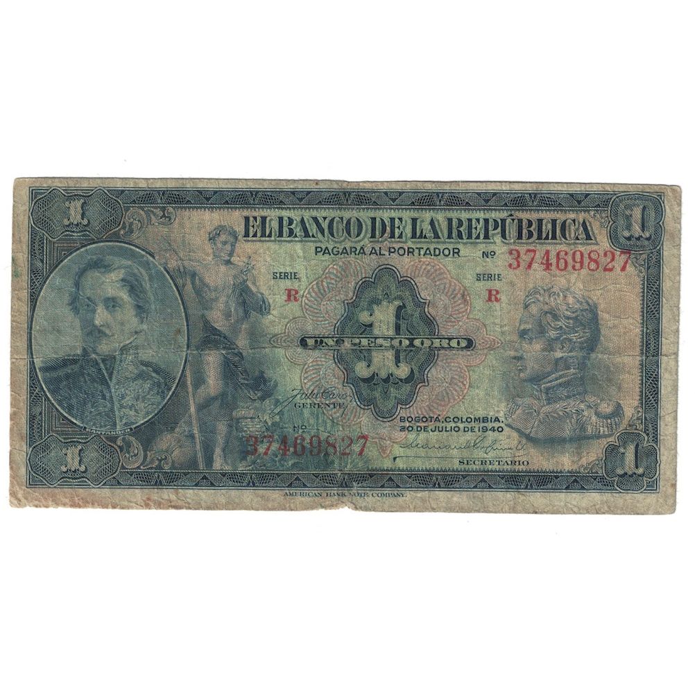 Billet, Colombie, 1 Peso Oro, 1940, KM:380b, B+