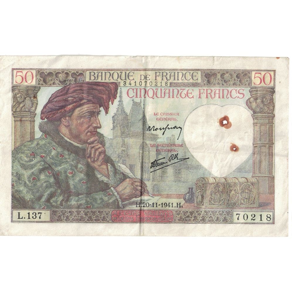 Francja, 50 Francs, Jacques Coeur, 1941, 1941-11-20, VF(20-25), Fayette:19.16