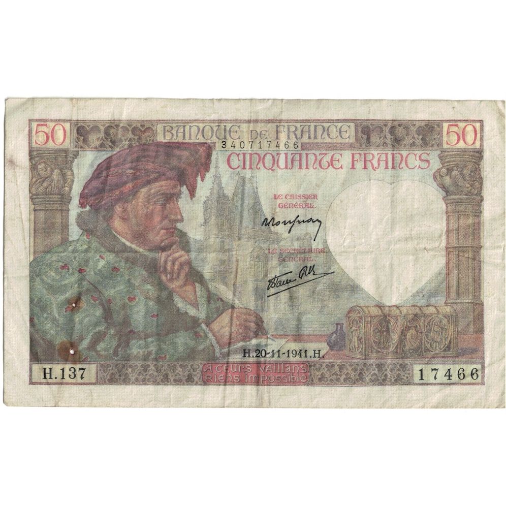 Francia, 50 Francs, Jacques Coeur, 1941, 1941-11-20, B+, Fayette:19.16, KM:93