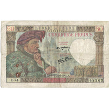France, 50 Francs, Jacques Coeur, 1941, 1941-04-24, B+, Fayette:19.09, KM:93