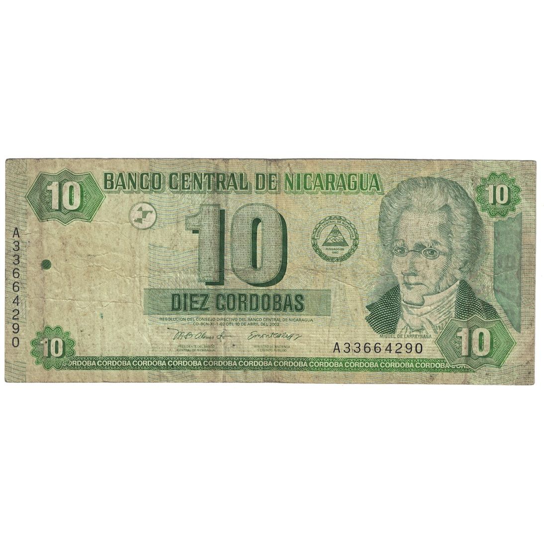 Billet, Nicaragua, 10 Cordobas, 2002, KM:191, B+