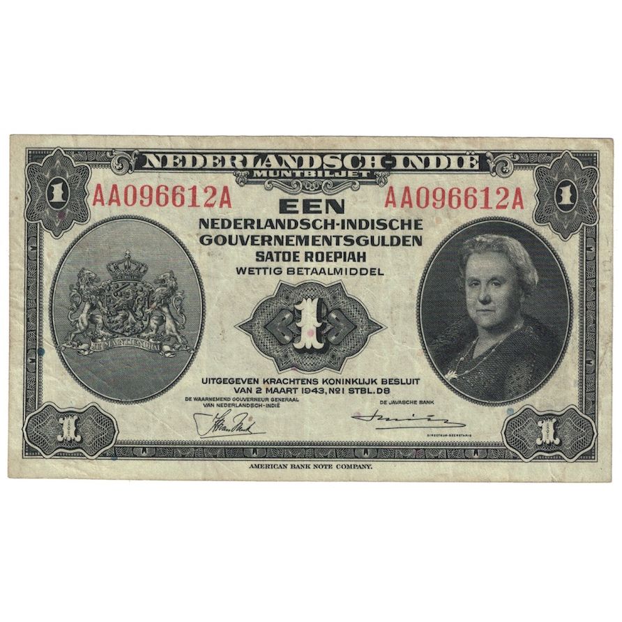 Banconote, INDIE OLANDESI, 1 Gulden, 1943, 1943-03-02, KM:111a, MB+