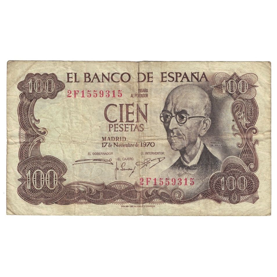Nota, Espanha, 100 Pesetas, 1970 (1974), KM:152a, F(12-15)