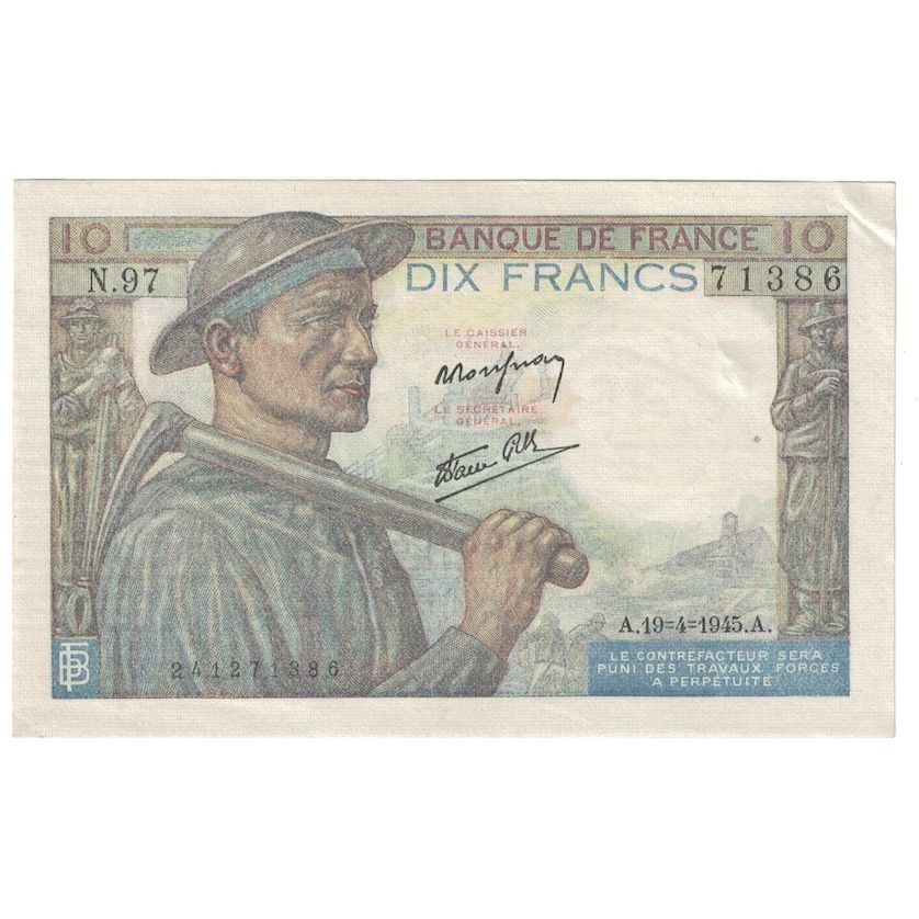 France, 10 Francs, Mineur, 1945, 1945-04-19, AU(55-58), Fayette:8.13, KM:99b